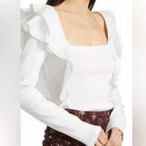 Veronica Beard "Gidea" Ribbed Pima Cotton, Poplin Ruffle Square Neck Top, M EUC